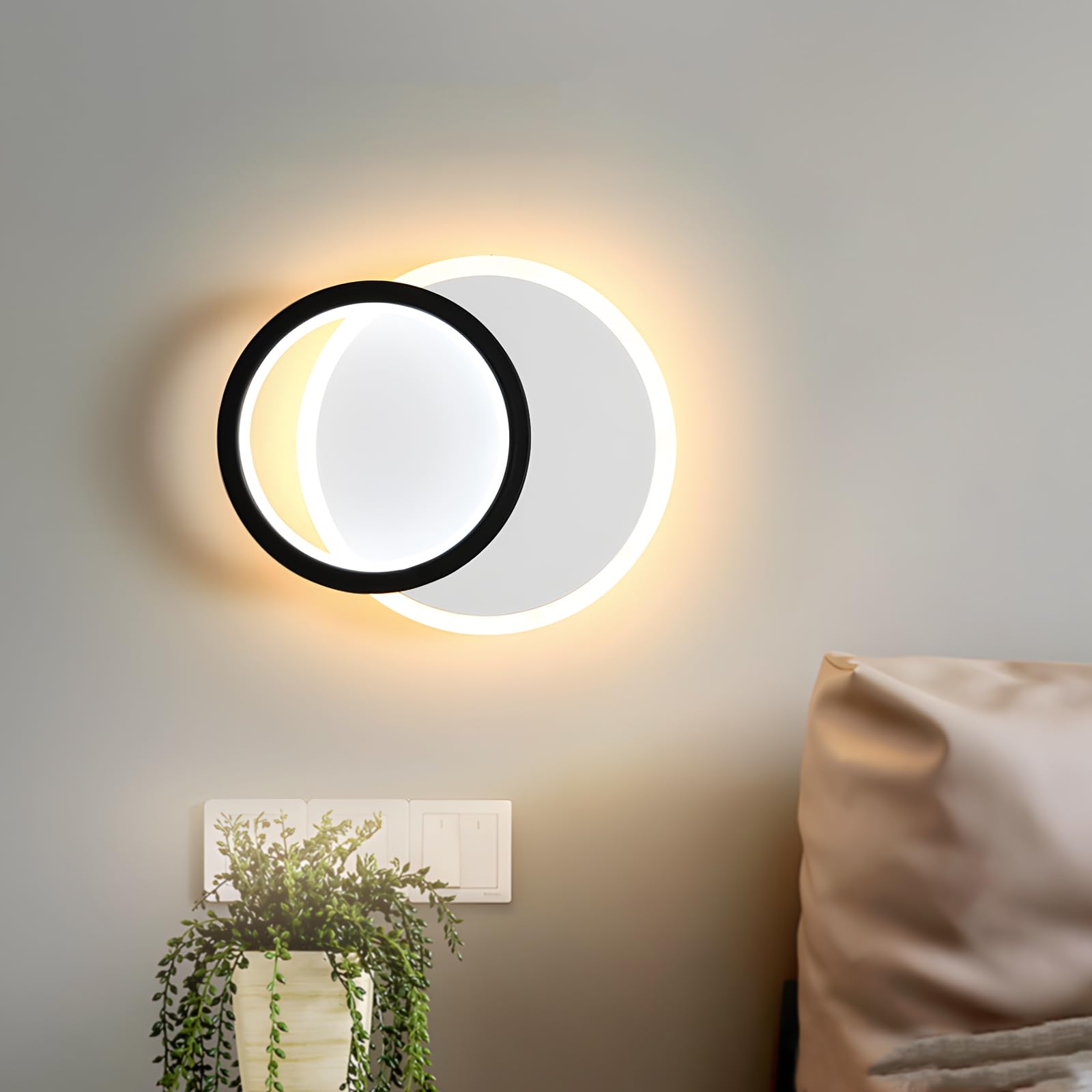 ZTWLEED Indoor LED Wall Lamp, 16W Color Temperature Adjustable 3000K/6000K/4000K, RA≥85 Round Design White+Black for Bedroom, Living Room, Stairs
