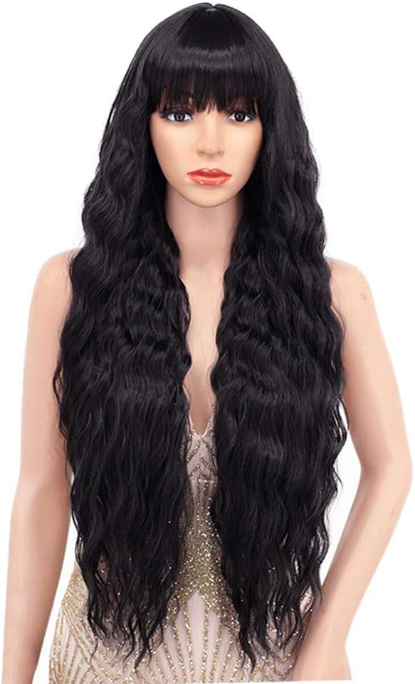 YEESHEDO Long Black Wigs for Women Natural Curly Wavy Synthetic Hair Wig with Fringe for Girls Cosplay Party or Everyday Wear - Image 4