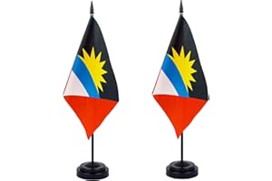 WXTWK 2 Pack Antigua and Barbuda Flag Antigua and Barbuda Deluxe Desk Flag Set - Mini Small Antigua and Barbuda Table Office Flags with Black 12" Solid Pole Stand Base Classroom Meeting Desktop Decorations