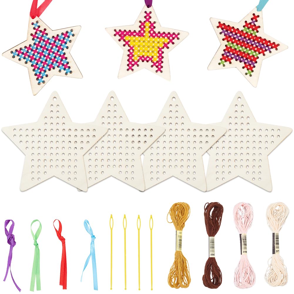 GORGECRAFT 4 Sets Wooden Cross Stitch Wood Star Shaped Sewing Embroidery Bookmark Template Plate Ornaments Kit with Thread Needle Cord for Stitching Keyrings DIY Crafting Hanging Decor Beginners