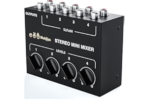 VKheroKV FF-4 RCA Stereo Mini Mixer, Metal Shell 4 Channel Stereo Input 1 Channel Stereo Output with Separate Volume Controls. Stereo line levels control Box FF-4