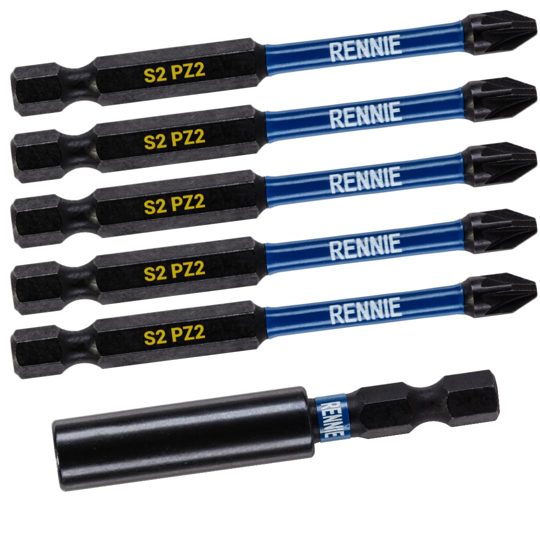 6 Piece Rennie Tool Magnetic 60mm Professional Impact Bit Holder with 5 x 75mm Long Magnetic Pozidriv PZ2 Screwdriver Impact Bits. Heavy Duty