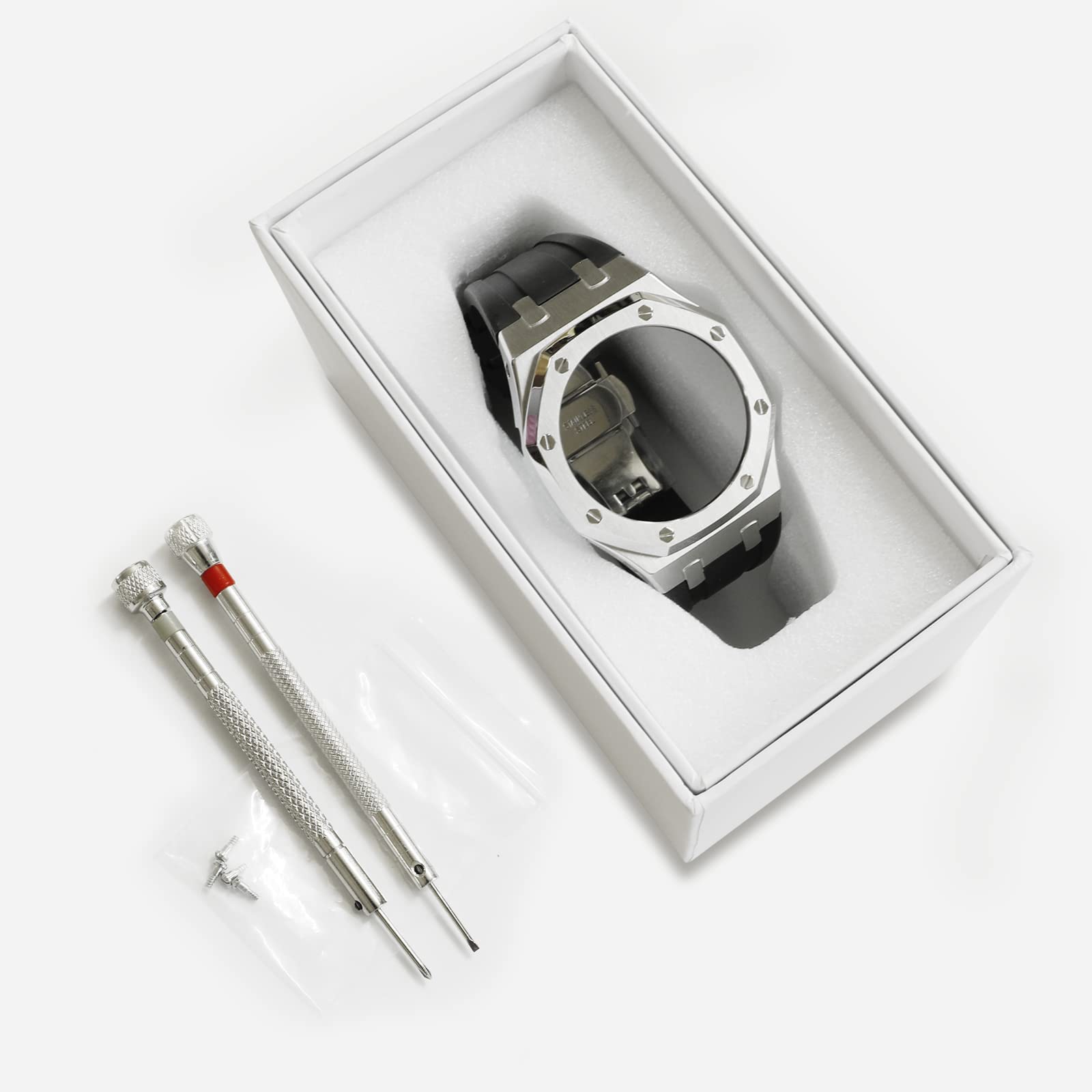 Neuupesen GA2100 Stainless Steel Watch Case with Metal Watchband and Rubber Strap Mod Kit - Compatible with GA-2100/GA-2110/GA-B2100 Series - Watch Part Replacement