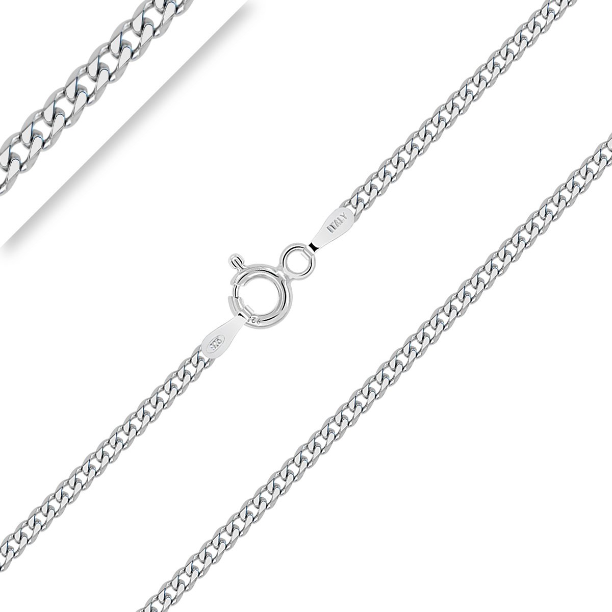 PLANETYS - 925 Sterling Silver Rhodium Finishing Flat Curb Chain Necklace for Children or Baby 2 mm Width Length: 13 Inches