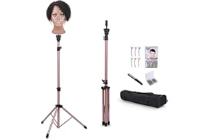 Klvied Metal Mannequin Head Stand, Reinforced Wig Stand Tripod for Styling, Adjustable Wig Head Stand Holder for Cosmetology Hairdressing Training,Rose Golden(Mannequin Head Not Included)