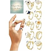 10Pcs Fidget Anxiety Rings for Women Adjustable Spinner Ring Gifts for People With Anxiety Moon Sun Butterfly Galaxy Daisy Flower CZ Stress Relief Calm Rings Jewelry 14K Gold/Silver/Rose Gold Plated