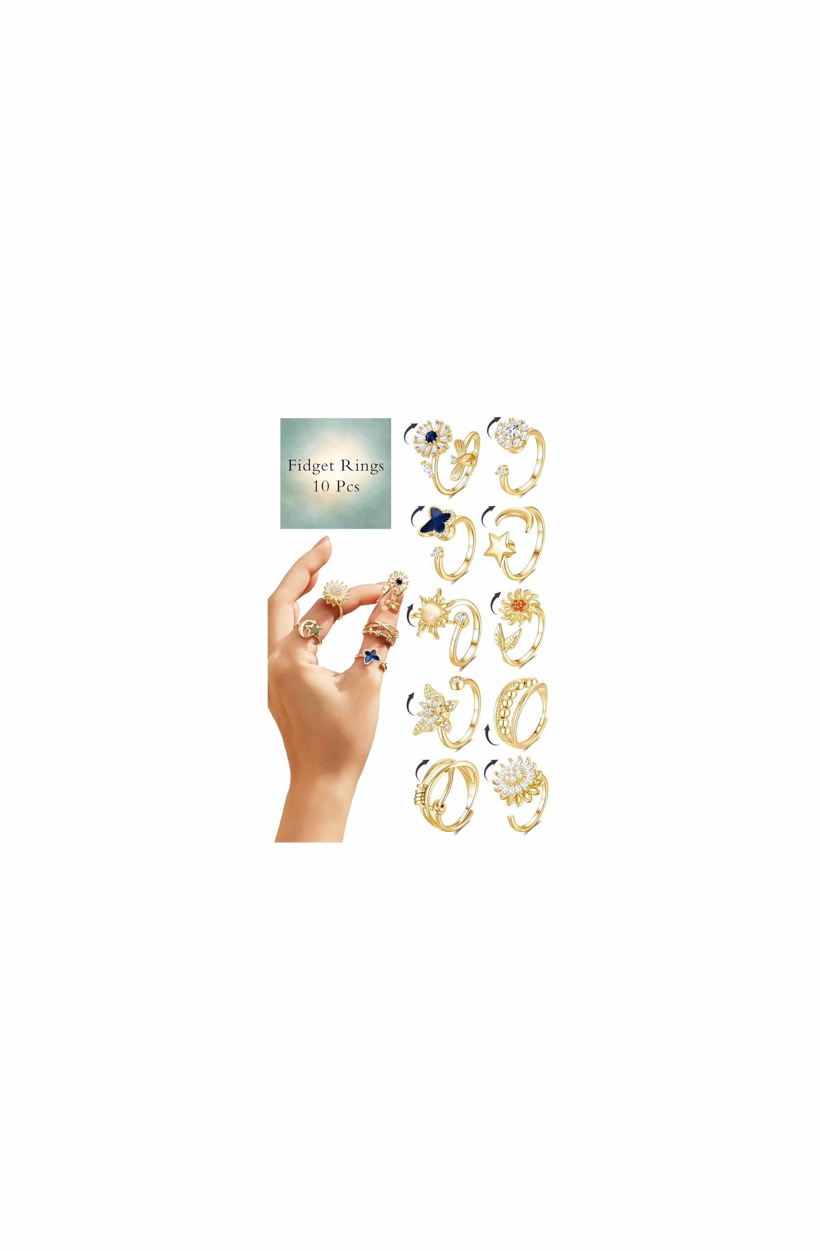 FUTURESHAN 10Pcs 14K Gold Plated Fidget Anxiety Rings for Women Adjustable Spinner Ring Gifts for People With Anxiety Moon Sun Butterfly Galaxy Daisy Flower CZ Stress Relief Calm Rings
