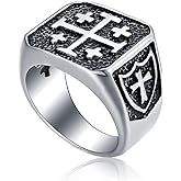 Jerusalem Cross Rings for Men,Mens Stainless Steel Christian Signet Ring,Vintage Silver Catholic Templar Ring in Size 7-15