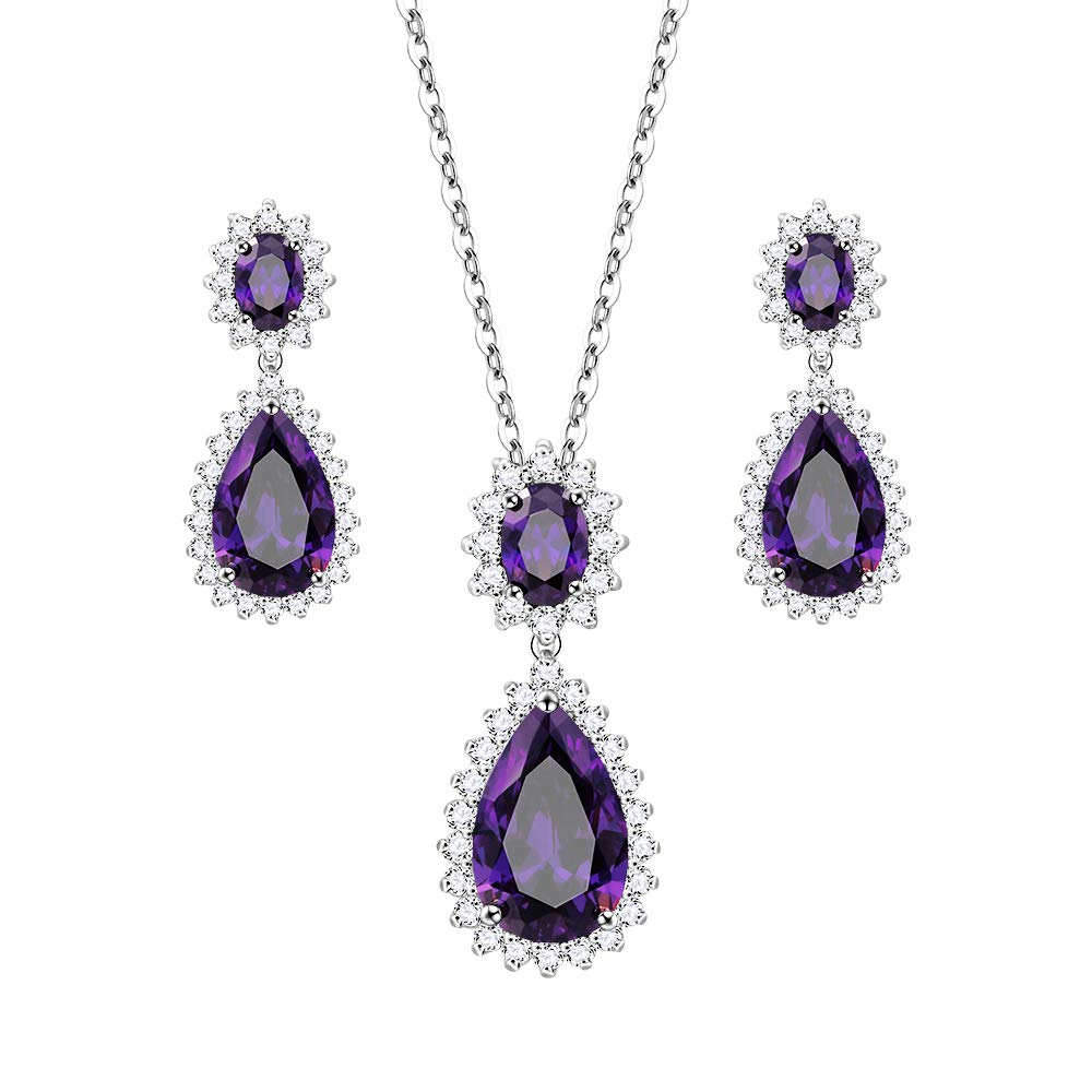 Lavencious Teardrop Dangle Necklace & Earring Sets for Women Trendy AAA Cubic Zirconia for Women (Purple)
