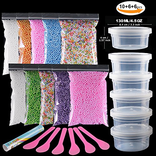 Slime Foam Balls & Slime Containers â€“ 10 Pack Colorful Styrofoam Foam Balls , 6 PCS 4.5 OZ Slime Containers with Lids, 6PCS Glue Mixing Spoons for DIY Slime, Kids Slime Party, Home Decorative