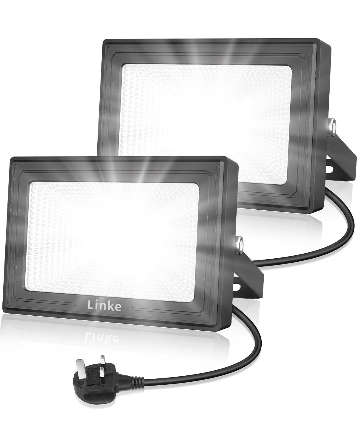 Linke LED Floodlights 60W with Plug, 5200LM Super Bright Work Light, IP66 Waterproof 6500K Daylight White Flood Light Mains Powered for Outdoor Garden, Porch, Courtyard, Garage & Warehouse, 2 Pack