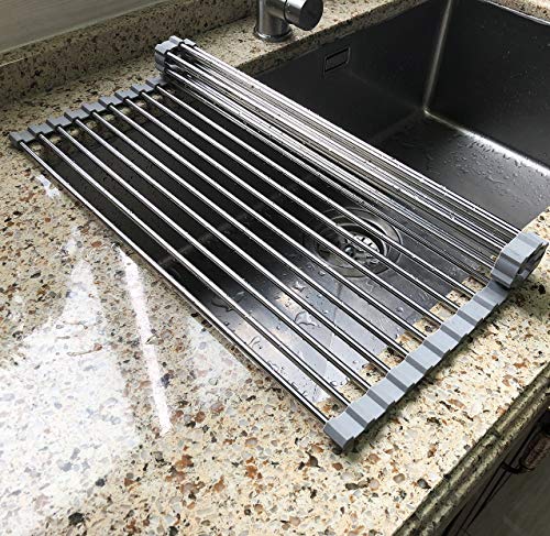 17.7" x 11.5" Long Dish Drying Rack, Attom Tech Home Roll Up Dish Racks Multipurpose Foldable Stainless Steel Over Sink Kitchen Drainer Rack for Cups Fruits Vegetables