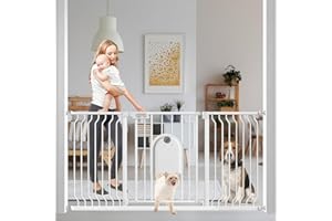 29.5-62 Inch Extra Wide Baby Gates, Mom's Choice Awards Winner-TSAYAWA Baby Gate with Cat Door for Pet Dog, Pressure Mounted Dog Gate Walk Through, Adjustable Pet Gates for Dogs Indoor, White