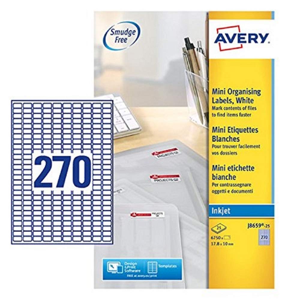 Avery J8659-25 Printable, customisable Mini Filing Labels, 270 Labels Per A4 Sheet, White
