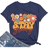 Retro Stay Groovy Shirt Women Floral Graphic Tee Hippie Vintage 70s Disco Peace Casual Short Sleeve Top