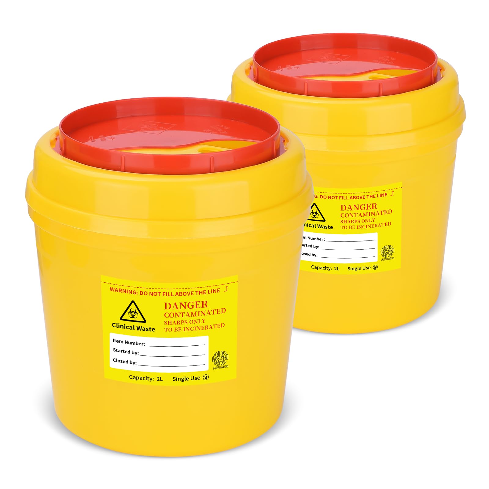 ATOMUS 2pcs 2L Yellow Tattoo Plastic Sharp Container Box Sharps Containers Needle Destruction Waste Bin Needle Disposal Bin with Lid for Tattoo Eyebrow Blade