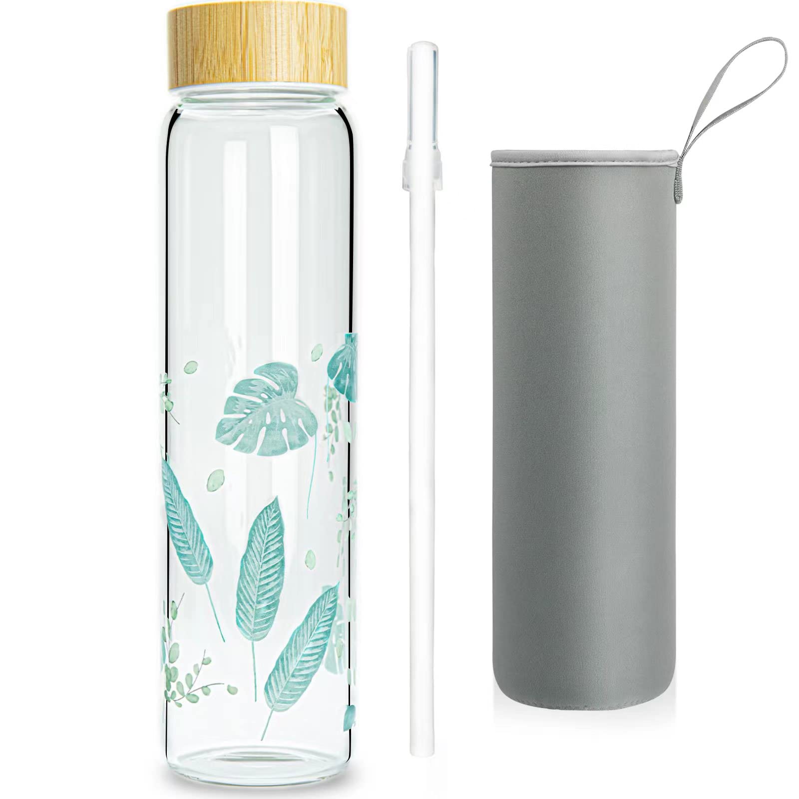 Ferexer Borosilicate Glass Water Bottle with Bamboo Lid and Neoprene Sleeve，Reusable Glass Dirinking Bottle Wide Mouth BPA Free 600 ml / 1 Litre / 1l (1000ml, Blue Leaf 1l)