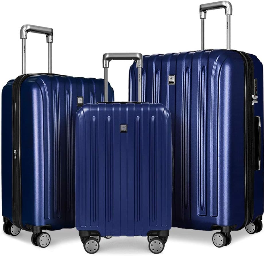 Fochier Durable PC 3 Pieces Luggage Sets Suitcase with TSA Lock Spinner Wheels 20in24in28in (Blue#)