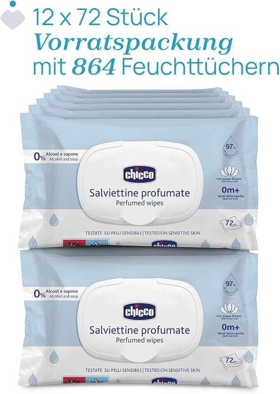 Neugeborenen-Baby-Mehrzweck-Reinigungstücher mit Plaquette, alkoholfrei, parfümiert, für empfindliche Haut geeignet, Multipack mit 864 Tüchern, 12 Packungen mit 72 Tüchern