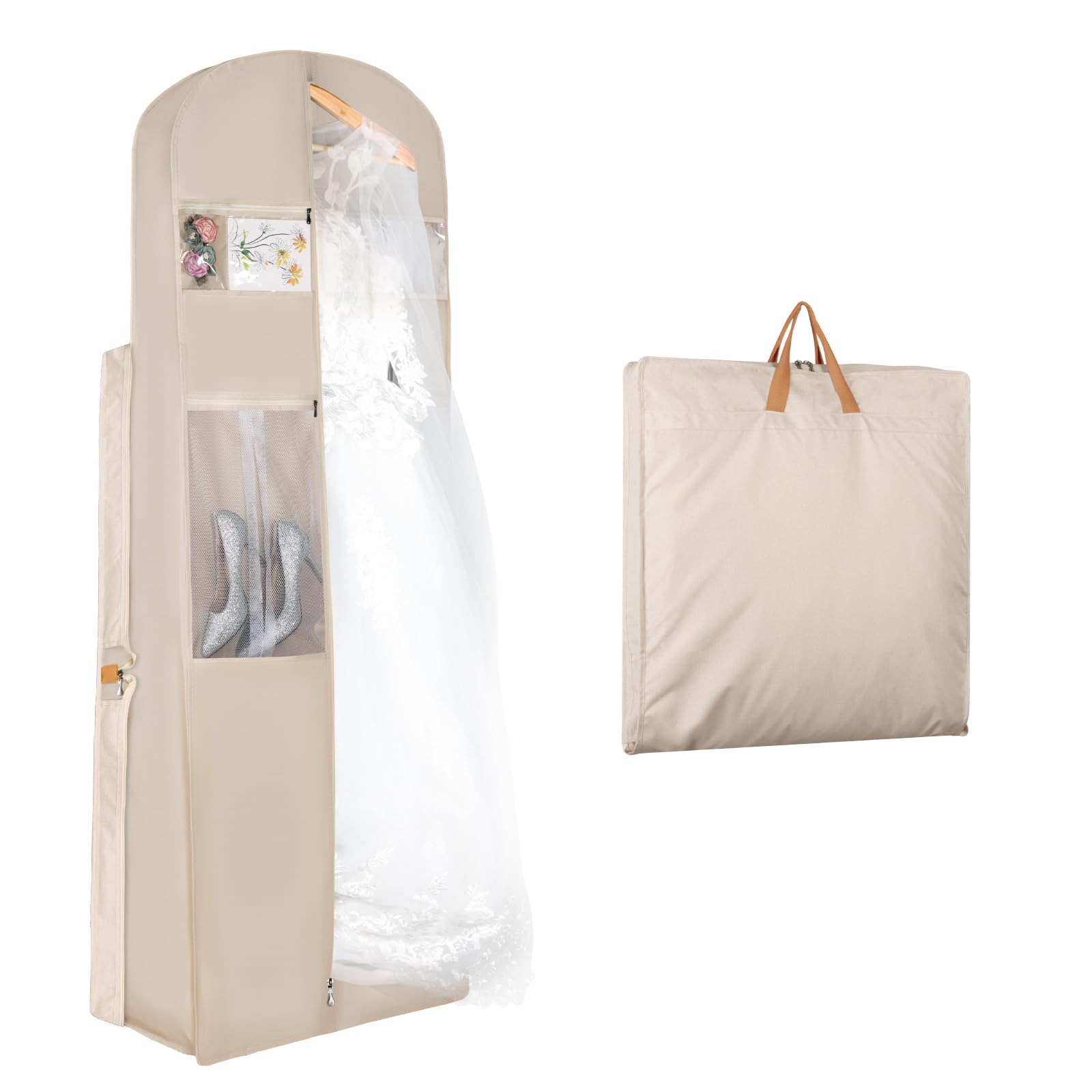 Syeeiex Wedding Dress Bag, Carry On Garment Bag Dress Cover 72 Inch Dress Carrier with Large Pockets & PVC Transparent Window, Breathable Dress Carriers for Women Travel for Wedding and Feast, Cream