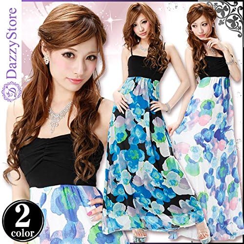 Amazon ノーブランド品 Aライン ぼかし花柄シフォン胸下切り替えキャミロングドレス 2 ブラック ワンピース チュニック 通販