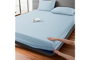 SHUNJIE.HOME Fitted Sheet 1 Pcs King Size Only Viscose Derived from Bamboo,400 Thread Count 16" Deep Pocket,Bottom Sheet Soft & Silky & Breathable(1Pack, Sky Blue, Queen)