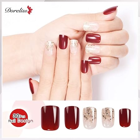 Amazon Doreliss ネイルチップ 偽の爪 30枚 短い人工爪 可愛い優雅ネイル 女性気質 手作りネイルチップ 再利用可能なネイル 和風 3dシール Diyアートネイル 濃い赤 Doreliss ビューティー 通販