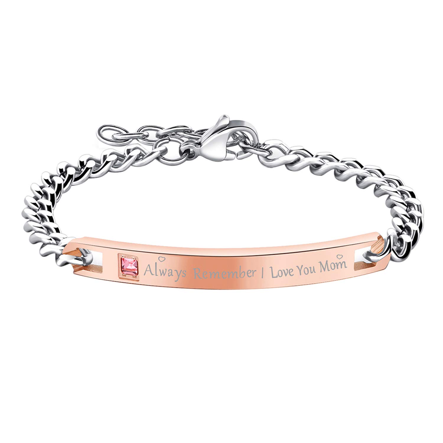 Cupimatch “Always Remember I Love You Mom” Engraved Bracelet, Adjustable Stainless Steel CZ Wrist Link with Greeting Message Card Gift Bag