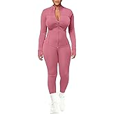 UOUA Womens Workout Set Two Piece Outfits Bodycon Long Sleeve Zipper Jacket & Leggings for Gym Tracksuit