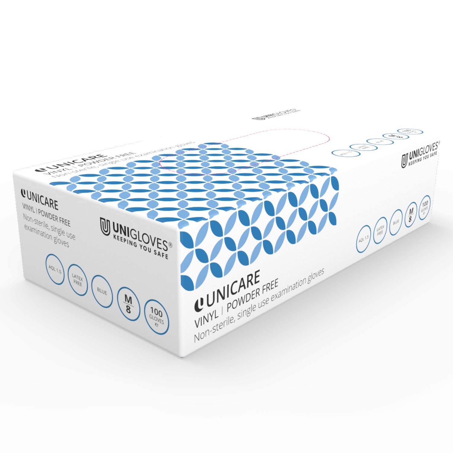 Unigloves Unicare GS0084 gloves Vinyl, Powder Free,Non Sterile,ambidextrous, Blue, Large, Pack of 100