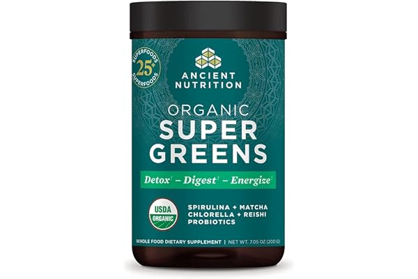 Ancient Nutrition Super Greens Powder, Organic Superfood Powder with Probiotics Made with Spirulina, Chlorella, Matcha, and D
