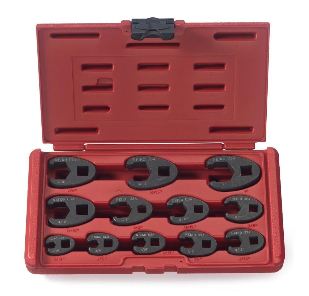 Neiko 03323A Crowfoot Wrench Set 1/2" and 3/8” Drive, 12 Piece, SAE Crows Foot Wrench Sizes 5/16” to 1”, Chrome-Moly Flare Nut Wrench Set