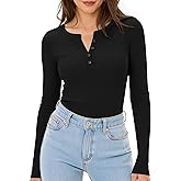 YumiDay Women's Long Sleeve Henley Tops, Slim Fitted Ribbed Casual Tee, Stretchy Base Layer Shirts