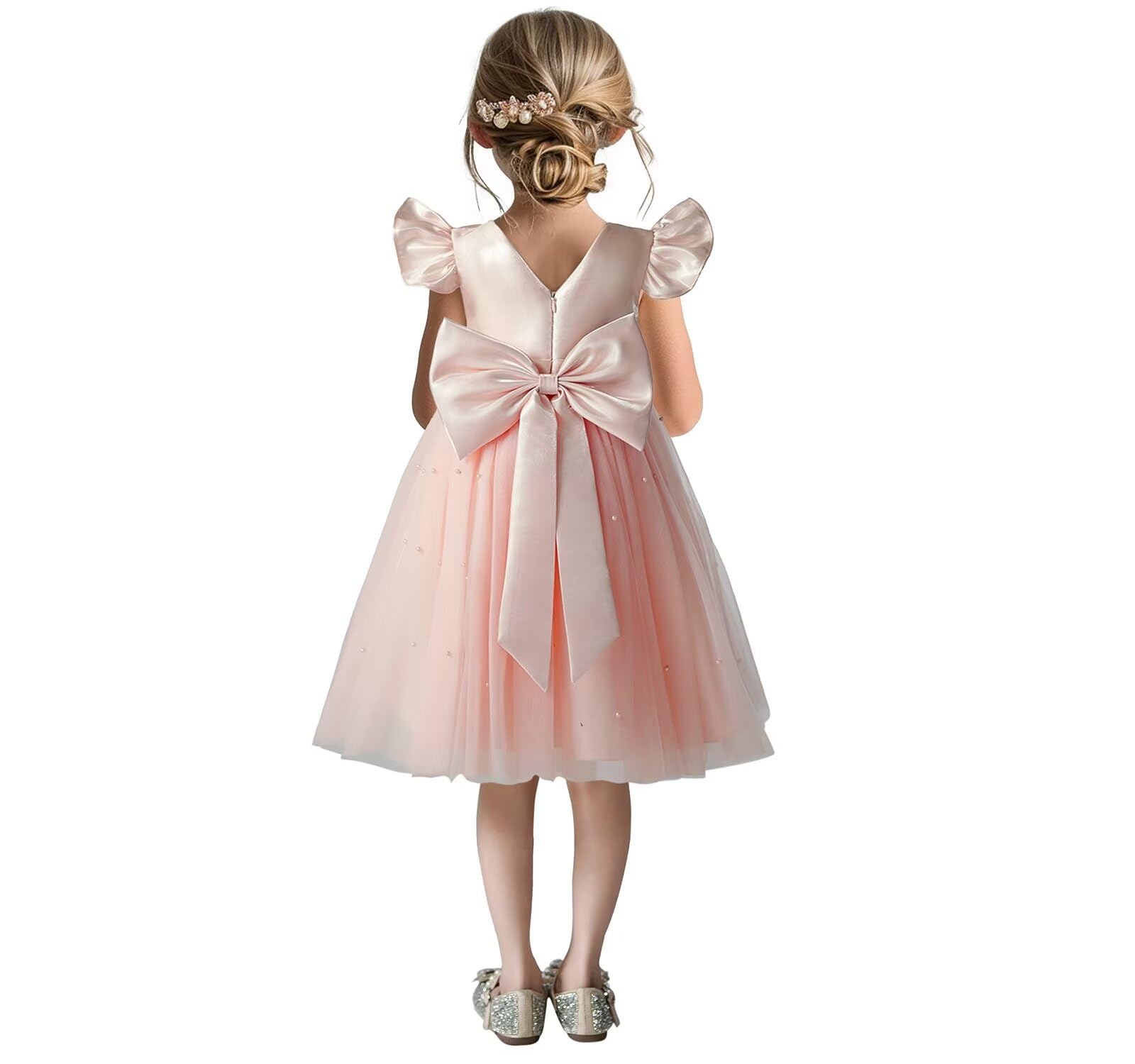 Photo 1 of GELOMARI Satin Flower Girl Dress V-Back Ruffle Sleeve Dresses Girls Tulle Dress for Wedding First Communion with Bow-Knot(4-5T Pink)