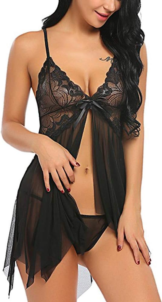SEDEXSexy Lingerie for Women Baby Doll Nightwear Lace Black Sleepwear See Through Nightie V Neck Floral Open Front Sexy Sheer Babydoll Mesh Chemise with G-String Set