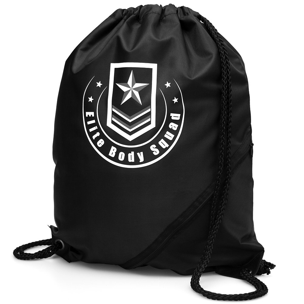 Elite Body Squad Drawstring Bag Gym Sack, Durable Fabric With Strong Stitching + Handy Zipped Storage Pocket - Water Resistant + Lightweight