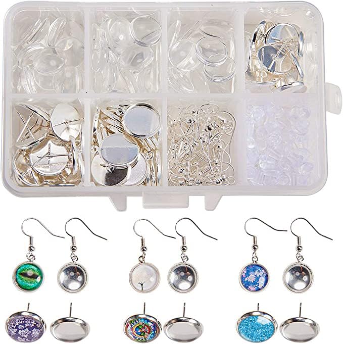 SUNNYCLUE 1 Box 120pcs Cabochon Pendant Stud Earrings Making Kit 60pcs Earring Bezel Settings with 60pcs 12mm Clear Glass Cabochons, Ear Hooks(Dangle Earrings & Stud Earring, Silver)