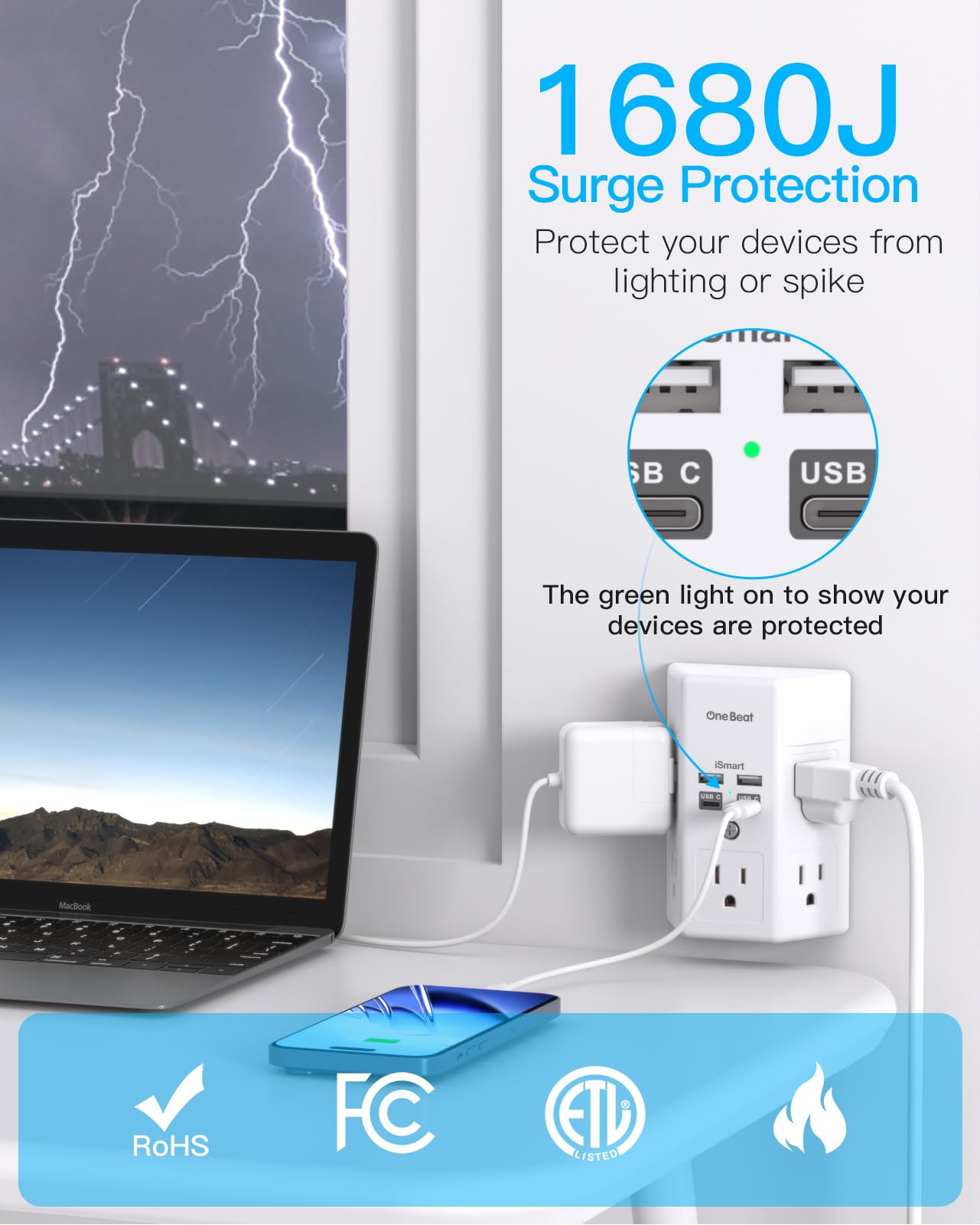 One Beat 1680J 3 Side Power Strip Multi Plug Expander, Surge Protector, 5 Outlets Extender, 4 USB Ports (USB C), Wall Mount Charger, Outlet Splitter Adapter for Home, Travel, Office, ETL Listed, White