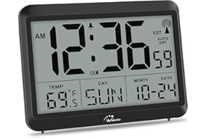 WallarGe Atomic Digital Wall Clock Battery Operated, Self-Setting, Large Display with Temperature, Date, Day of The Week, Silent Wall Mount Digital Clock, 4 Time Zones, DST