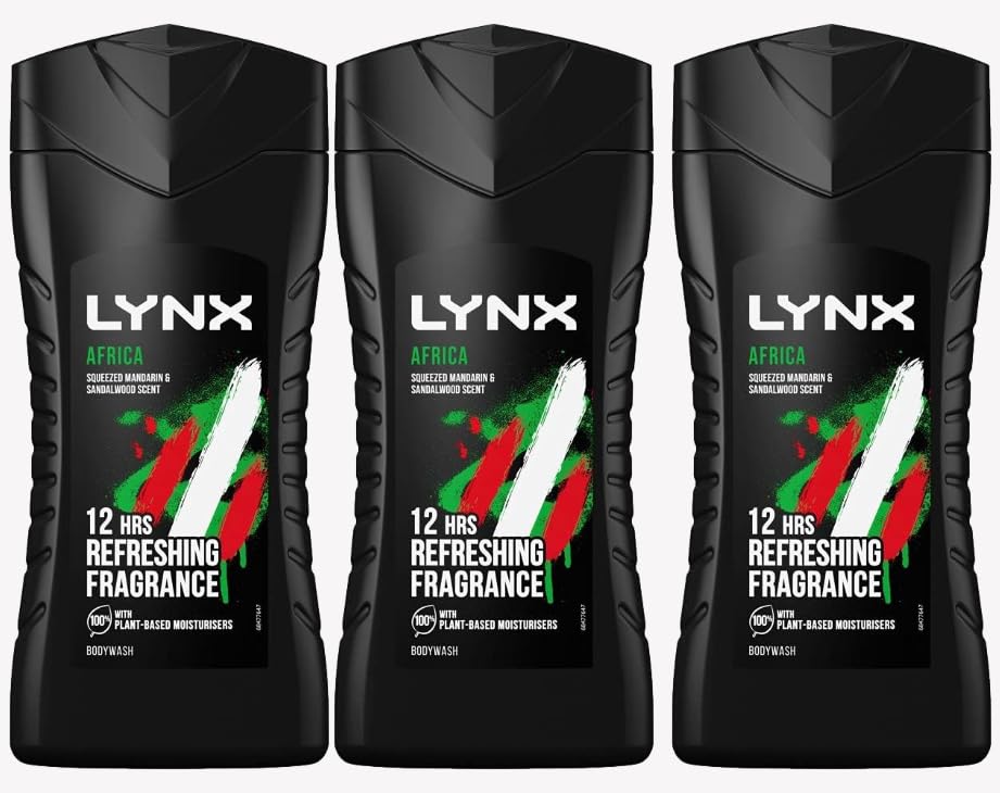 Lynx Africa 12 Hours of Refreshing Fragrance. 3x 225ml Bottles of Squeezed Mandarin & Sandalwood Scent.