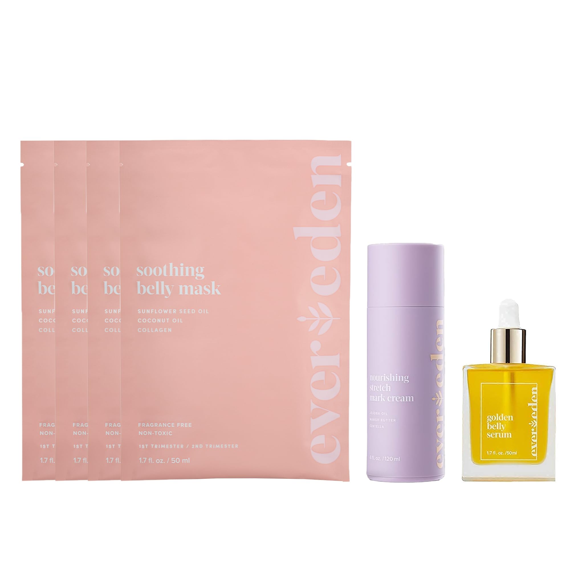 Evereden Nourishing Stretch Mark Cream, 4.0 fl oz. & Golden Belly Serum, 1.7 fl oz. & Soothing Belly Mask for Stretch Marks - 1st/2nd Trimester Size, 4 pack | 3 Item Bundle Set | Pregnancy Skincare