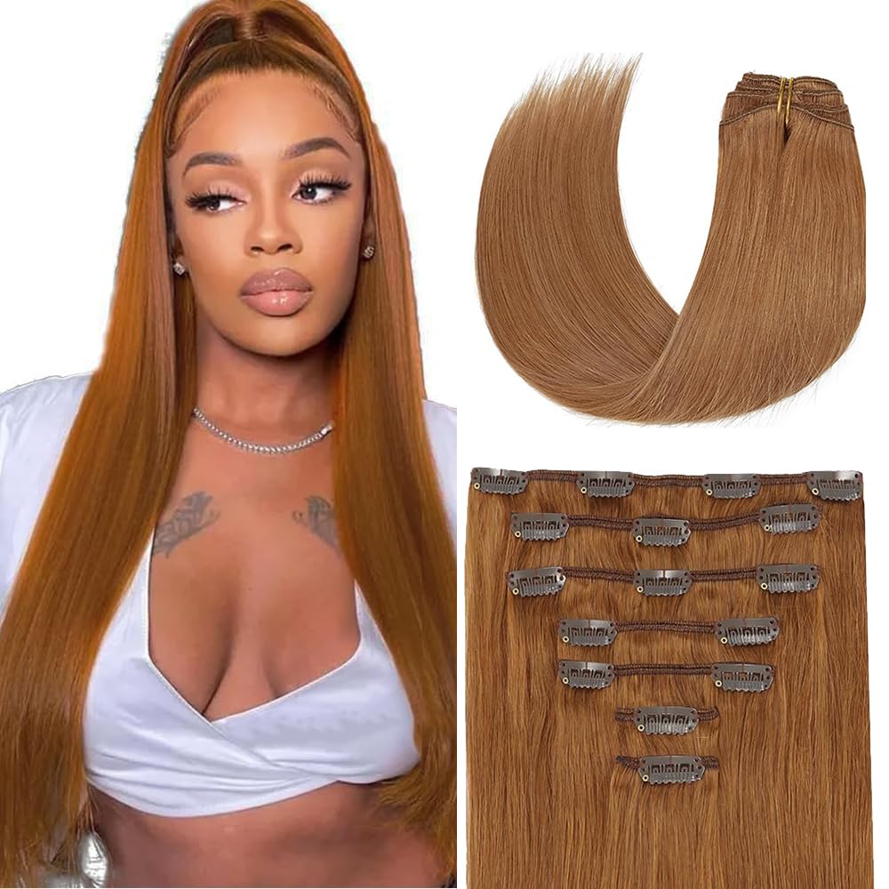 Photo 1 of #30 Brown Clip in Hair Extensions - 32 Inch Real Remy Soft Brown Human Hair, 120g 7pcs,Light Brown Human Hair Extensions Clip ins for Women