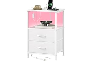 Somdot White Nightstand with Charging Station and LED Light for Bedroom, 2 Drawers Dresser with Fabric Bins for Bedside Kids Dorm Room Closet Laundry Entryway, White Leather