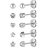 5 Pairs G23 Titanium Ear Piercing Stud Earrings for Sensitive Ears, Cubic Zirconia Stud Earrings Set for Ear Piercing Guns