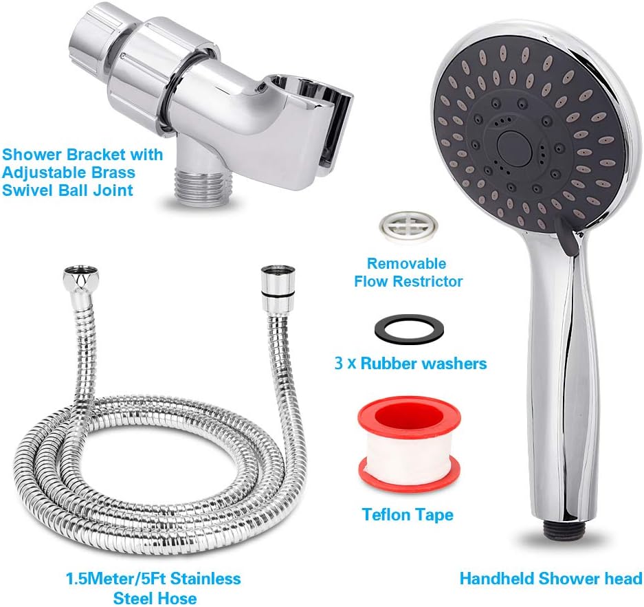 Handheld Shower Head High Pressure 5 Spray Settings Massage Spa Detachable Hand Held Showerhead Chrome Face with Hose and Adjustable Bracket - - 
