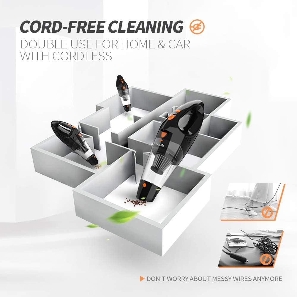 Vaclife Handheld Vacuum, Hand Vacuum Cordless with High Power, Mini Vacuum Cleaner Handheld Powered by Li-ion Battery Rechargeable Quick Charge Tech, for Home and Car Cleaning, Black & Orange -