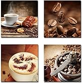 Wieco Art 4 Panels Coffee Bean Kitchen Canvas Wall Art Coffee Cup Canvas Prints Wall Decor Dining Room Canvas Art Contemporary Pictures for Kitchen Bar Decoration