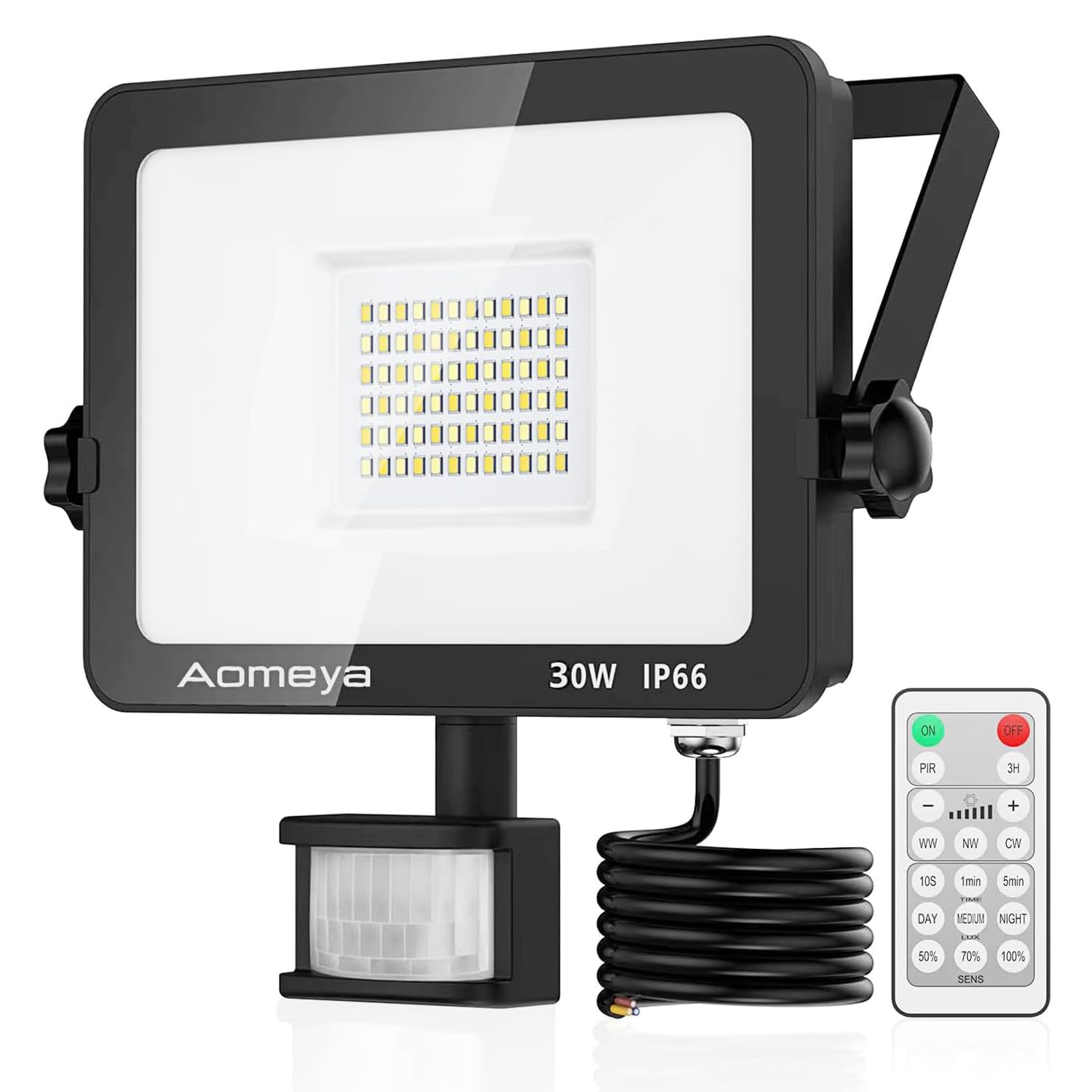 Aomeya Motion Sensor Outdoor Security Light, 30W LED Floodlights with 3 Color Adjustment, IP66 Waterproof with Remote Control for Garden, Backyard, Garage, Doorways