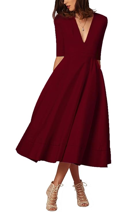 Damen sexy v-Ausschnitt Partykleid Abendkleider Cocktailkleid Elegant 1/2 arm Casual klassischer Stil Kleid lang,S-3XL