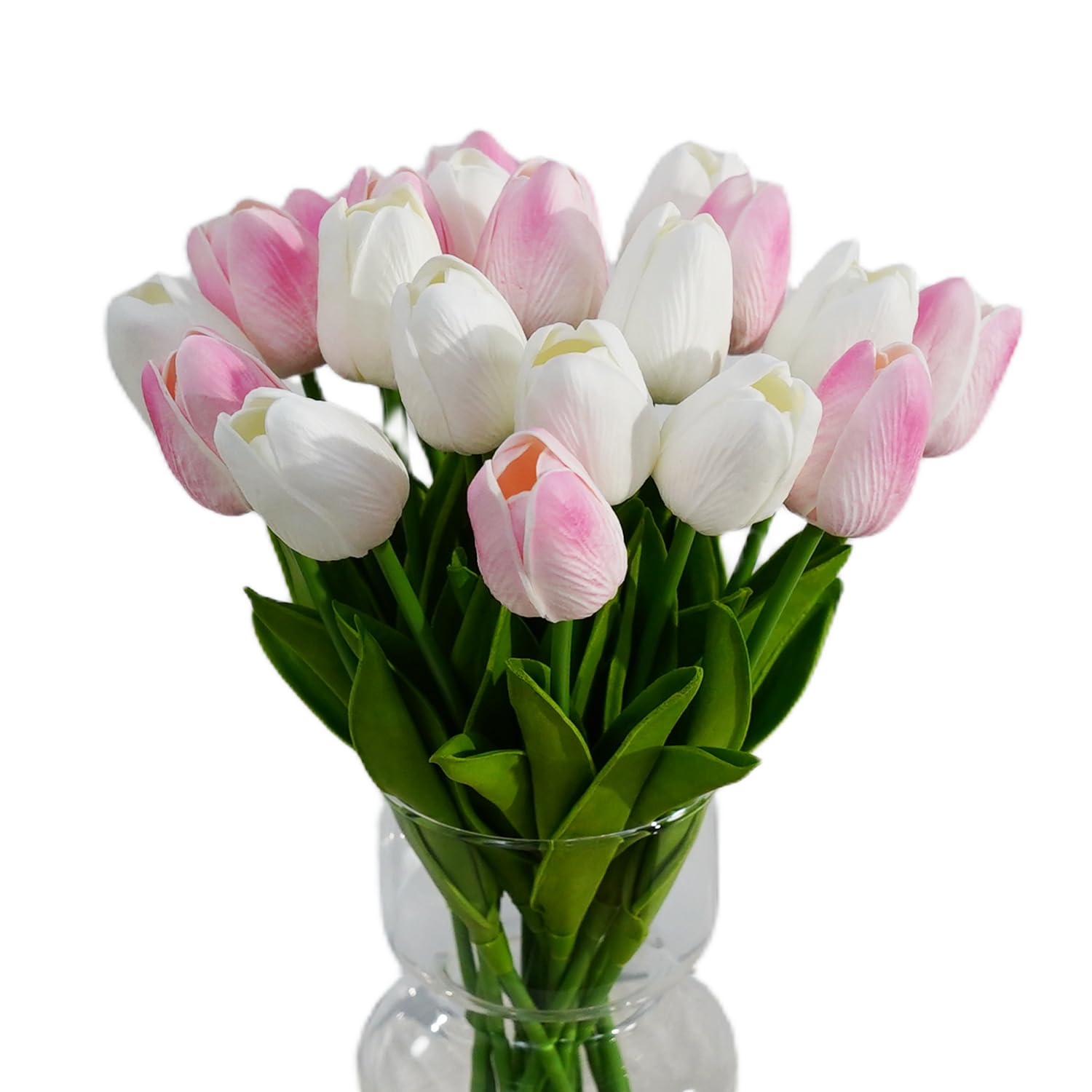 Photo 1 of 20pcs White and Light Pink PU Faux Tulips Flowers 13.5 Inch Fake Flowers Mother's Day Easter Valentine’S Day Gifts in Home Kitchen Wedding Dining Table Decoration
